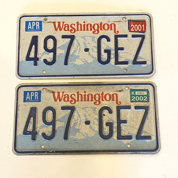 Vintage 90s Washington State Auto License Plate Pair Set 497 GEZ Tag Exp 2002 - Picture 1 of 3